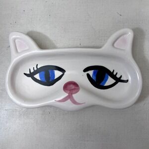 Vtg Ceramic Cat Face Trinket Eyeglass Dish White Blue Eyes Jewelry Tray 7 inch